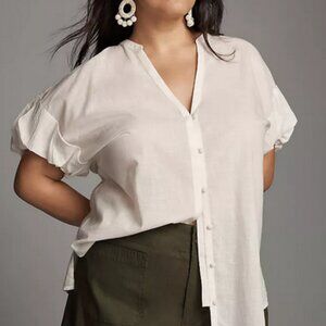 Anthropologie Cream Short-Sleeve Button-Down Ruffle Blouse